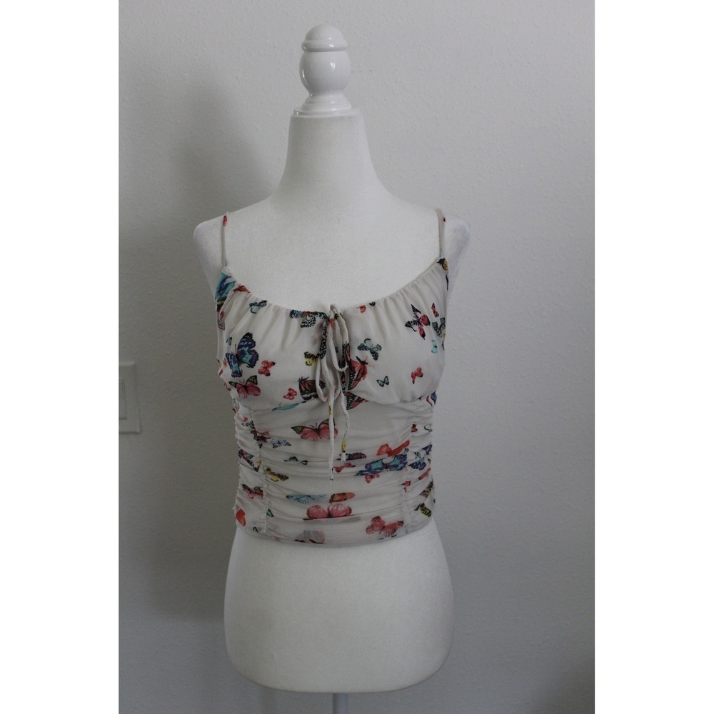 Y2K Just Polly New York‎ Butterfly Print Ruched Mesh Cami Top Cream Y2K Small